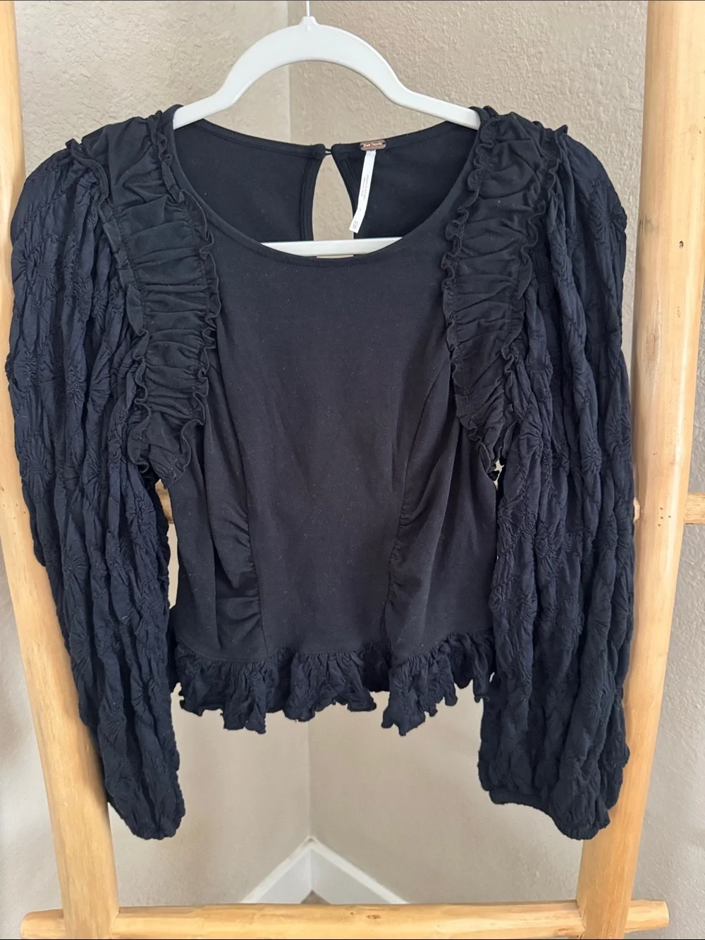 Free People Black Ruffled Puff-Sleeve Blouse